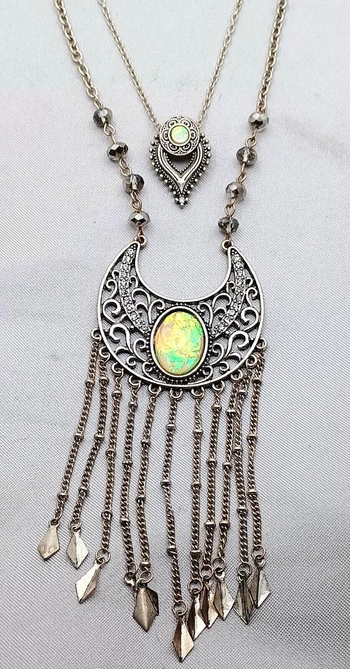 Collar Colgante Doble Media Luna Colgante Imitación Ópalo Cadena Flecos Bohemio Foto 3 de 4