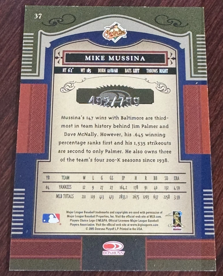 2005 Donruss Timeless Treasures 492/799 Mike Mussina #37 HOF - Image 2 of 2