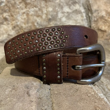 Fossil Brown Leather Studded Belt Silver Buckle Sz M