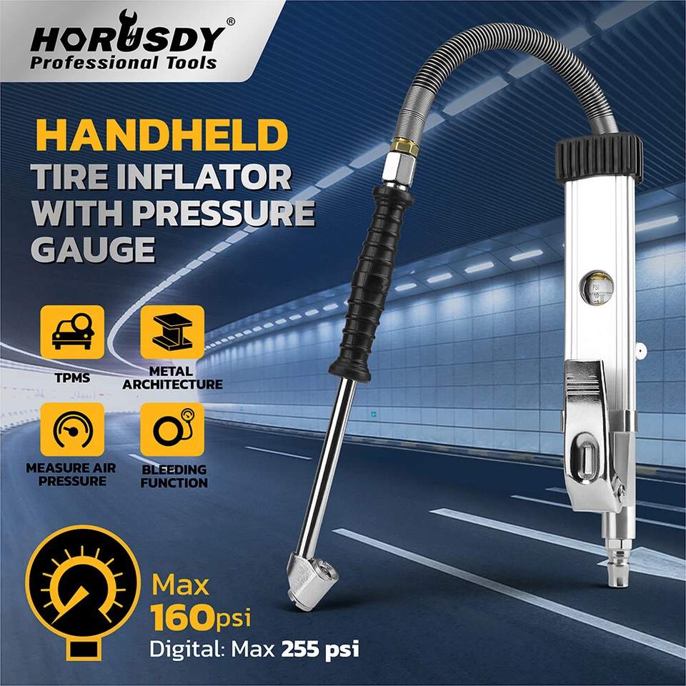 HORUSDY 255PSI Tyre Inflator Car Motorcycle Air Tire Pressure Gauge Hose Pump