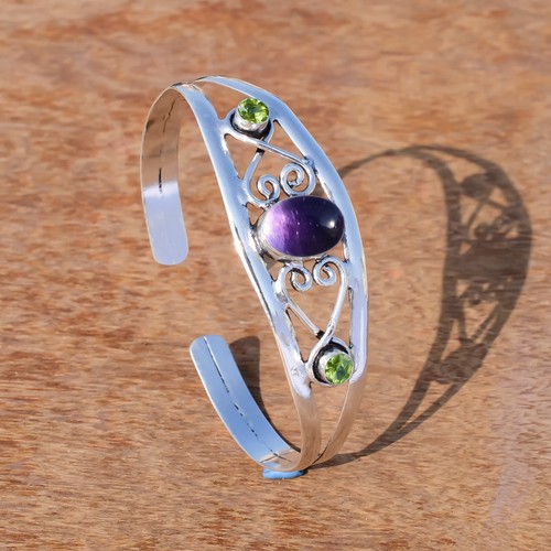 Amethyst & Peridot Cut Gemstone 925 Sterling Silver Cuff New Collection Bangle - Picture 3 of 7