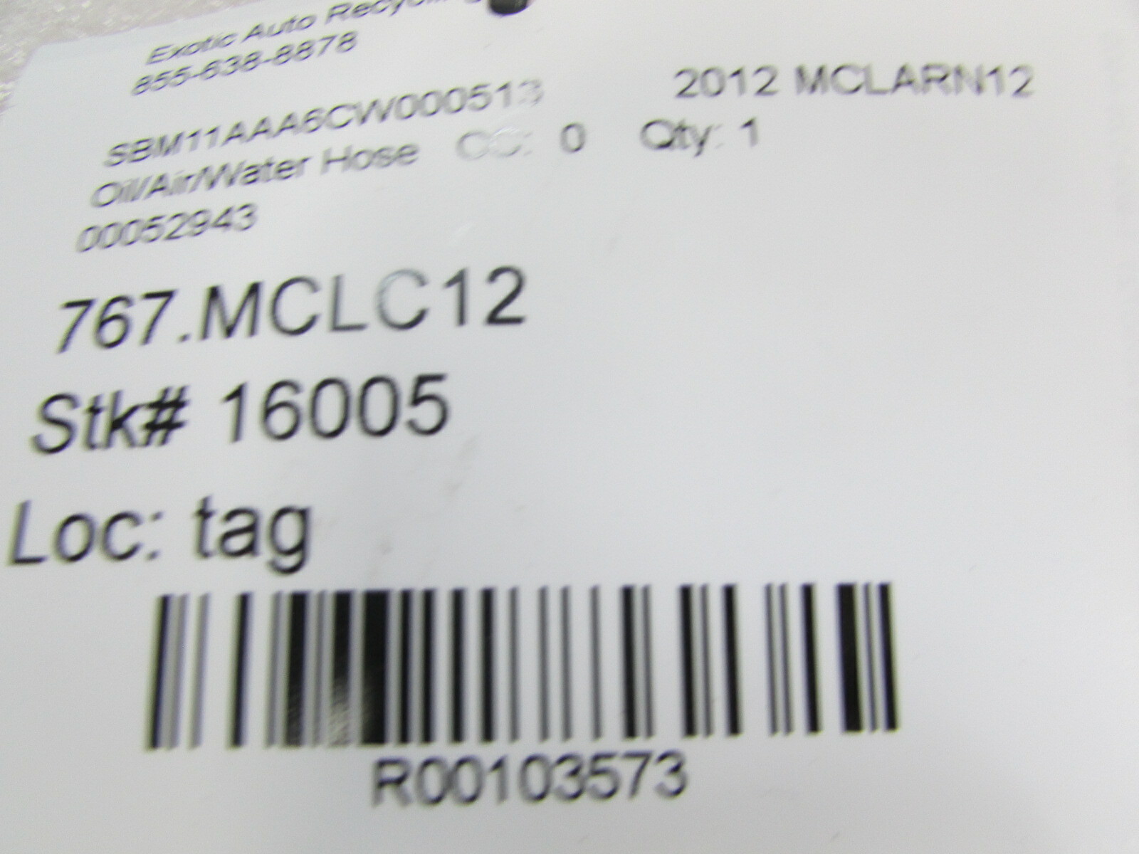 McLaren MP4-12C, Oil Hose, Used, P/N 00052943