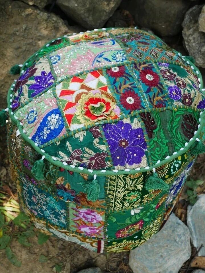 Indian Green Round Pouffe Cover Vintage Cotton Footstool Ottoman Patchwork AU - Image 3 of 4
