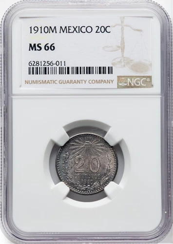 MEXICO ESTADOS UNIDOS 1910 20 CENTAVOS COIN, NGC CERTIFIED GEM UNCIRCULATED MS66