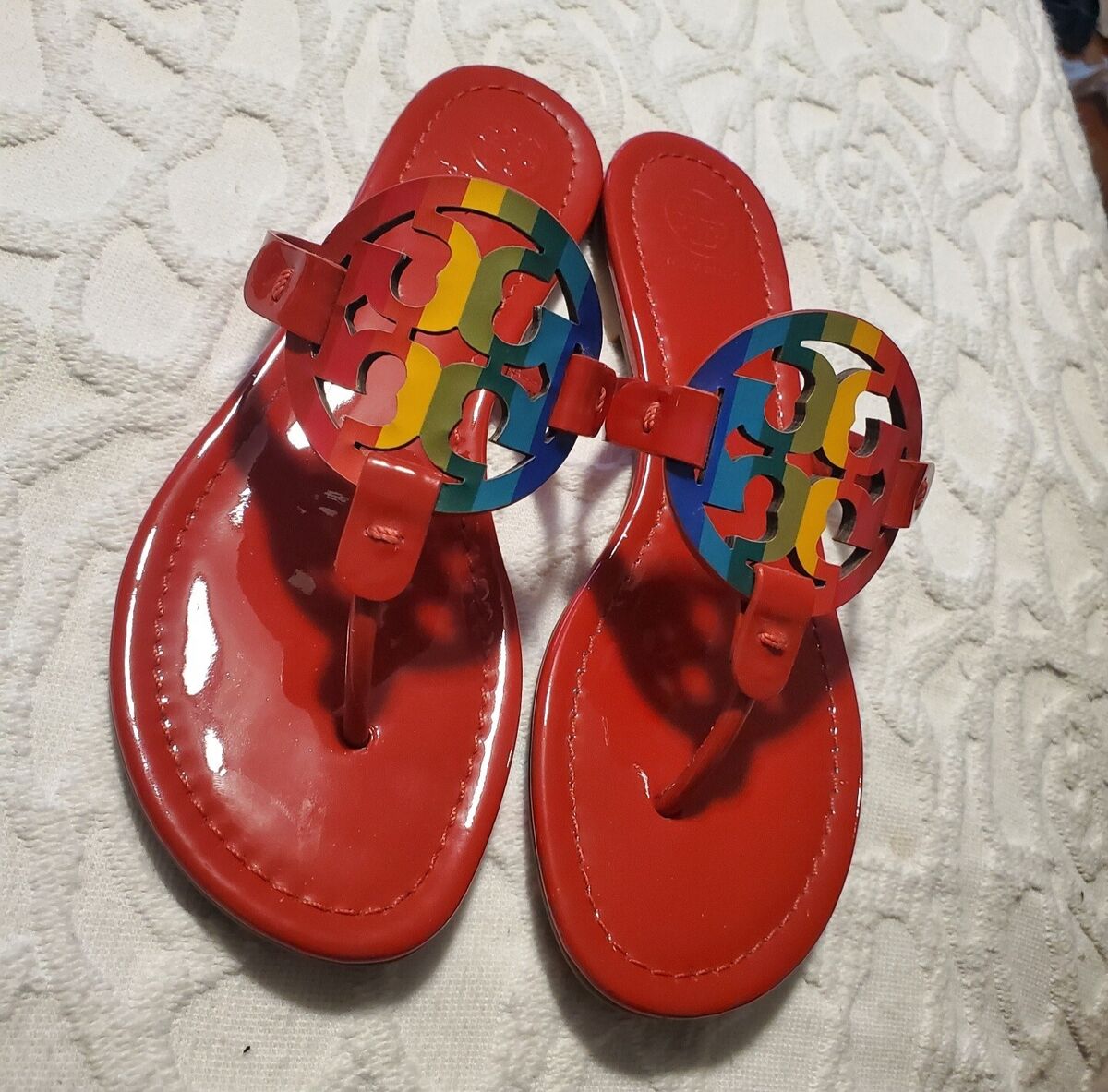 EC Tory Burch Miller Sandals Size 7.5 Leather Red Rainbow EC Tory Burch Miller Sandals Size 7.5 Leather Red Rainbow