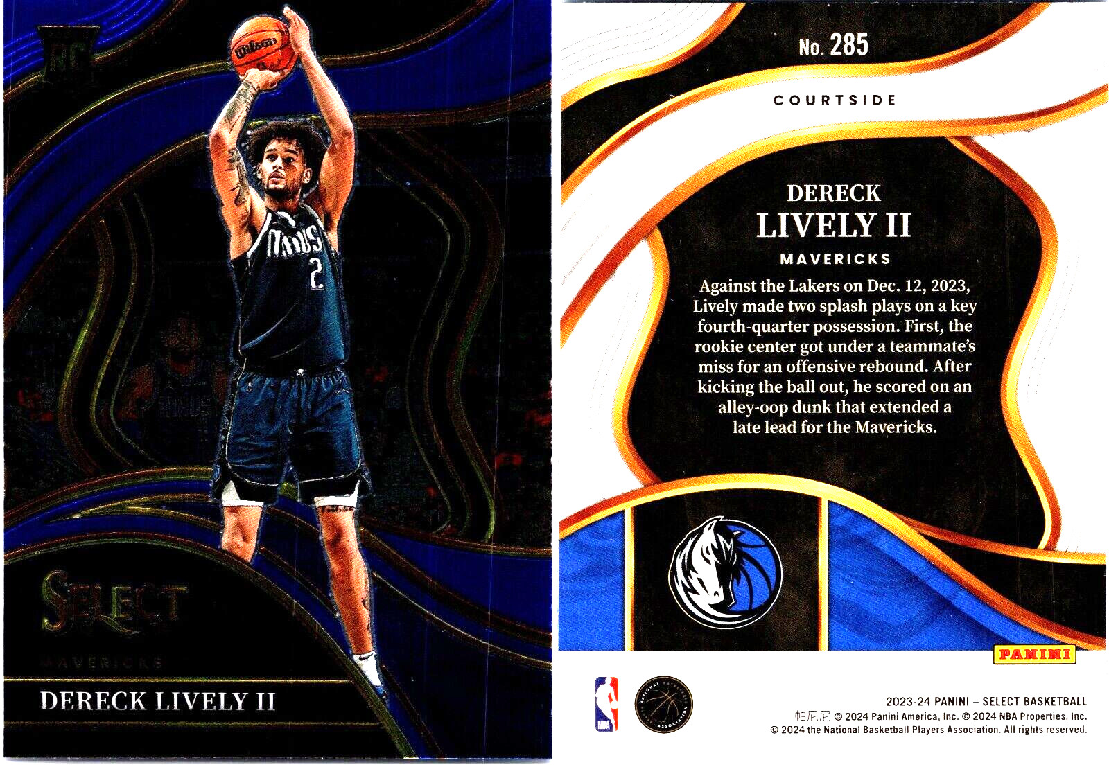 2023 Panini Select Basketball Blue Courtside Dereck Lively II #285 (RC) 096