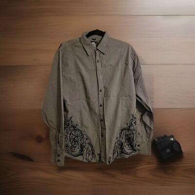Custom Rags Mens Button Up Shirt Grey Black Long Sleeve Velour Detail Medium