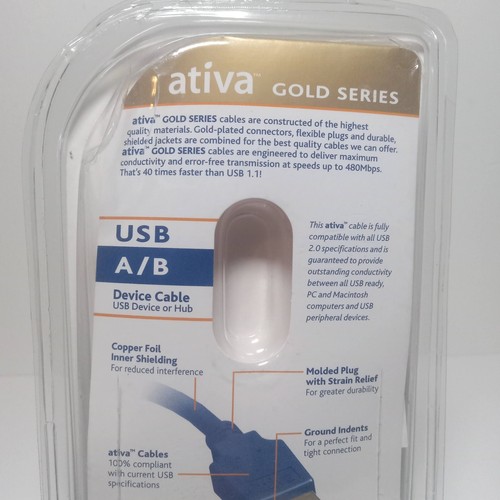 Ativa Gold Series High-Speed 480Mbps USB 2.0 Cable, A Plug/B Plug, 10ft/3m - New - Picture 3 of 4