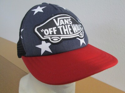 Vintage VANS Off The Wall Trucker Hat Red Blue Snap Back USA AOP Retro Skater