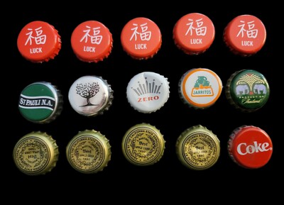 Lot of 15 Bottle Caps, S. Martinelli Best Apple Cider, LUCK, Coke, Chang, Fever