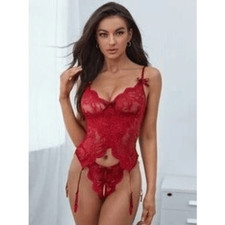 RED/BURGUNDY floral lace scallop trim garter lingerie- SIZE MEDIUM-