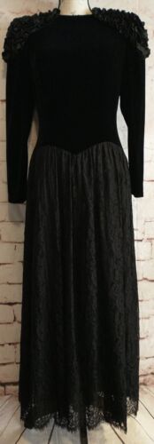 Vintage 80s Sz 10 Medium Formal  Midi Dress Jessica McClintock Black velvet lace - Picture 1 of 12