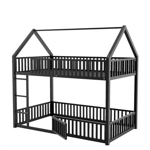 Twin Over Twin Metal Bunk Bed with Ladder,Fence and Door House Bunk Bed-Black - Picture 7 of 13