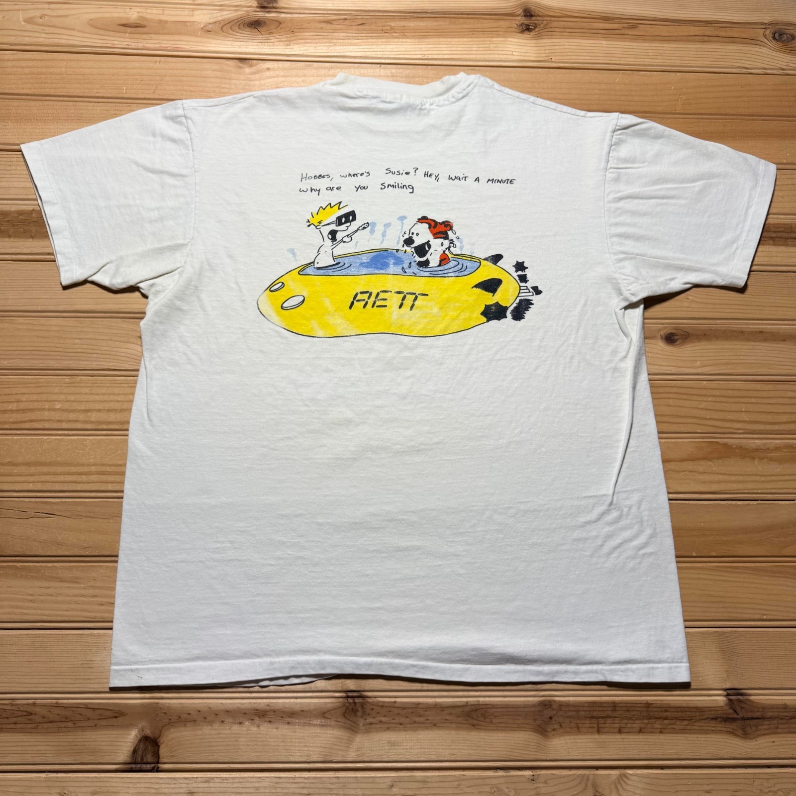 Vintage 1990 Alpha Epsilon Pi Calvin and Hobbes Planet Cartoon T-Shirt USA - XL