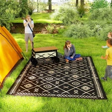 Outsunny Outdoor Rug, 9' x 12' Floor Mat, Black Beige Rhombus