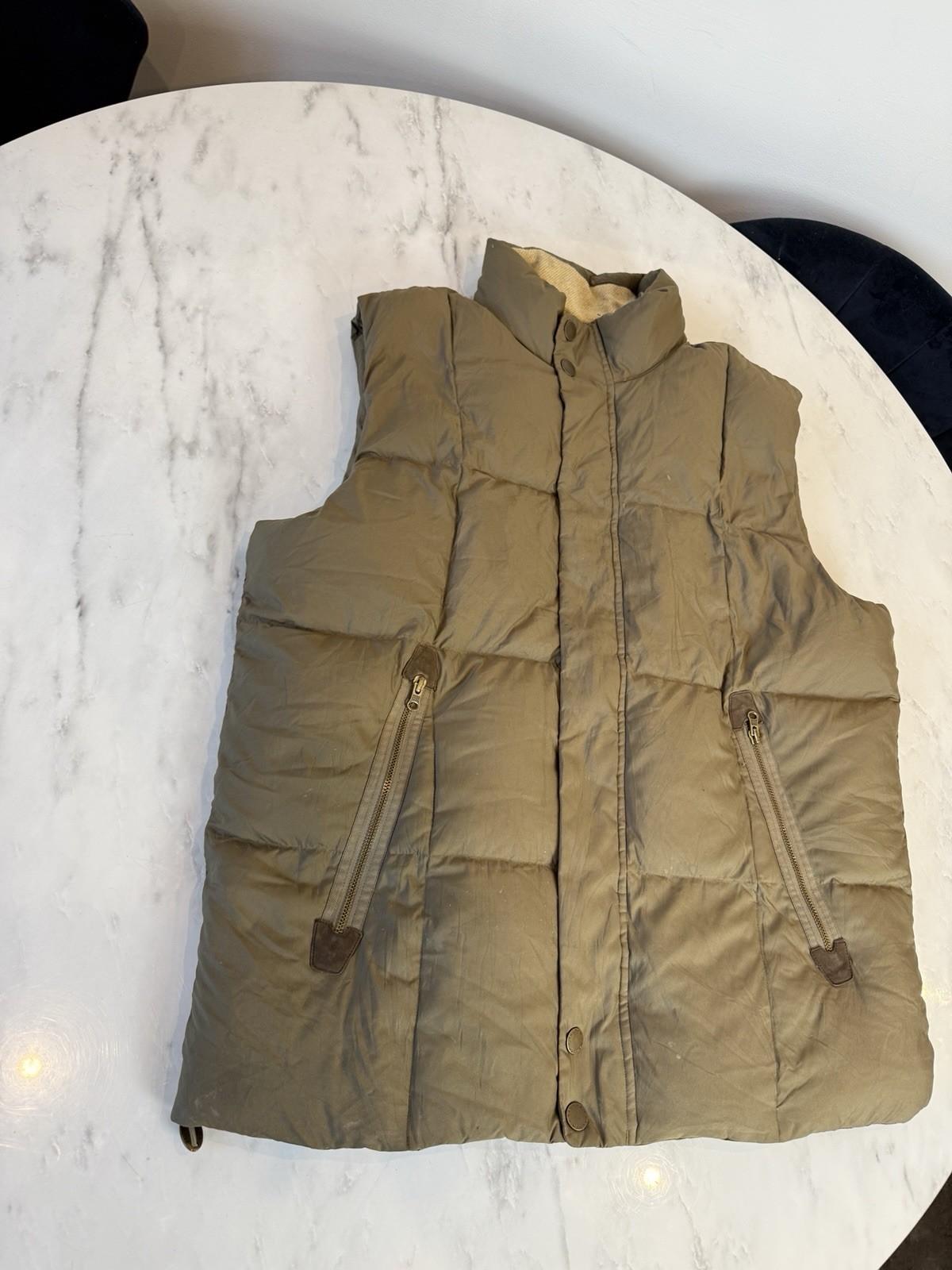 Vintage Nautica Down Gilet Mens Large Olive Green Puffer Vest Leather Trim 90s image 2