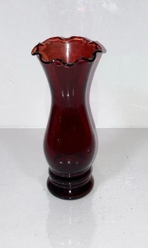 Vintage 6 Inch Royal Ruby Anchor Hocking Glass Bud Vase Ruffled Edge