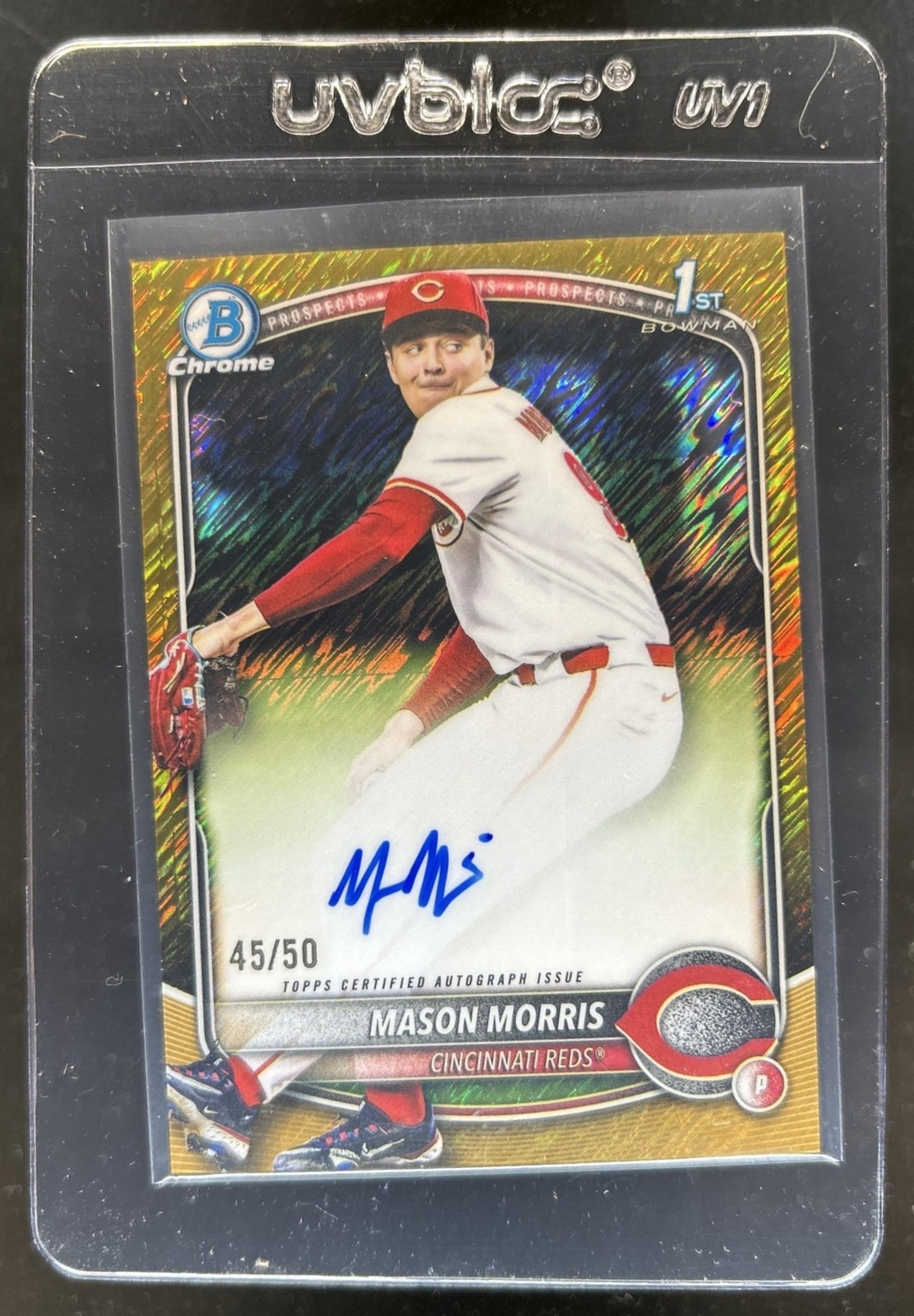 2025 Bowman Draft Mason Morris Chrome Auto Gold Shimmer Refractor 1st #/50 Reds