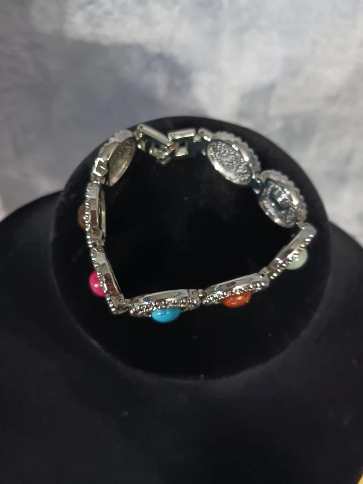 Pulsera de eslabones de piedra múltiple tono plata cabujón gema boho vintage 7,5 pulgadas joyería Foto 2 de 4