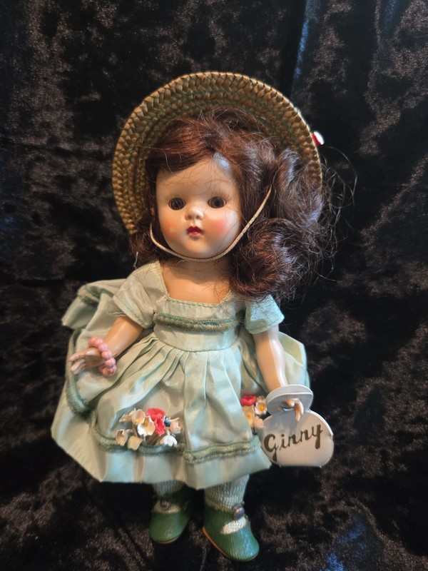 Early Brunette Ginny Doll Strung Body and Painted Eyelashes w Tagged Green Dress