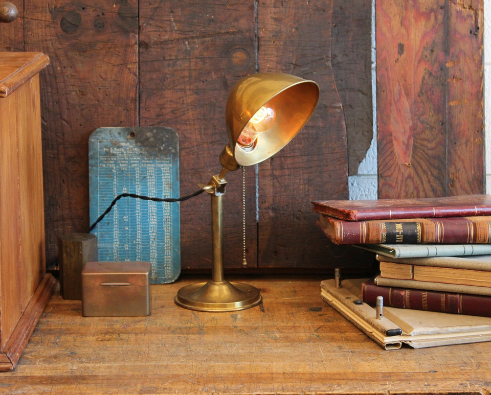 Bradley & Hubbard industrial brass desk lamp from the Faries era — a genuine piece of American lighting history that still works as a jaw-dropping desk lamp.