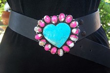 Artisan Southwest Silver Pink Cotton Candy Turquoise Heart Cluster Belt Buckle