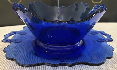 Antique Cobalt Blue Mt Pleasant Serving Bowl/Platter Set~LE Smith~Depress. Glass