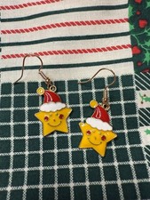 Enamel Holiday Earrings Star With Santa Hat Dangle Drop Cute Christmas Xmas New