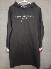 Tommy Hilfiger Hoodie Dress Women M Black Rubber Chrome Logo Sweatshirt Pullover