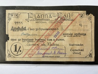 1938 Irish Republican Party Fianna Fail National Collection Receipt.
