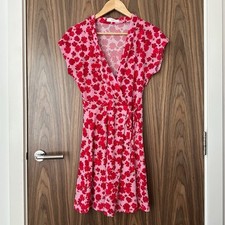 Mango Pink Red Floral V Neck Wrap Tie Waist Short Sleeve Mini Dress Medium