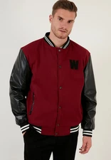 Men's Varsity Letterman Leather Jacket Maroon Wool & Real Black Leather Sleeves