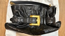 NWT Balmain Medium Anthem Black Croc-Embossed Leather Shoulder Bag Gold Buckle