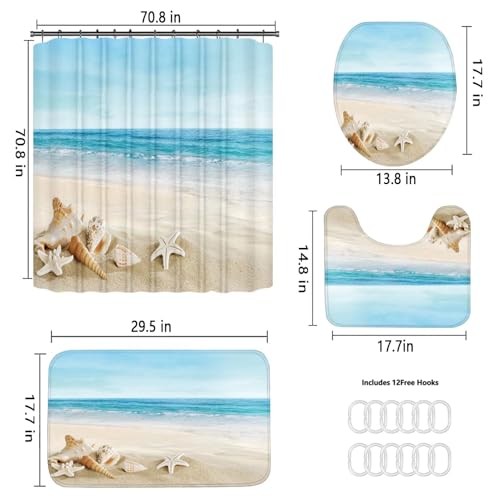 4Pcs Summer Beach Shower Curtain Sets Sea Ocean Bathroom Set Decor with Non - Picture 6 of 8
