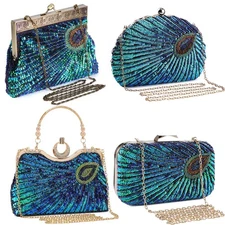 Women Clutch Evening Bag Designer Peacock Beaded Sequin Wedding Party Handbag