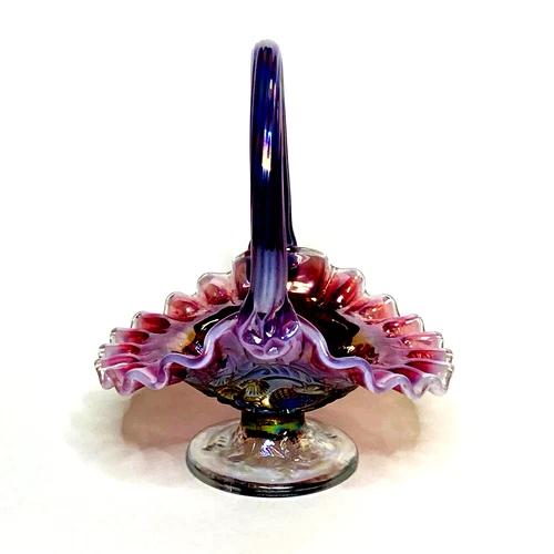Fenton Plum Opalescent Iridized Inverted Strawberries Basket 6.5″ Carnival Glass