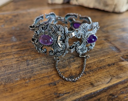 Vintage Amethyst Signed BAS Panel Bracelet 925 Sterling Silver Art Nouveau Style - Picture 4 of 8