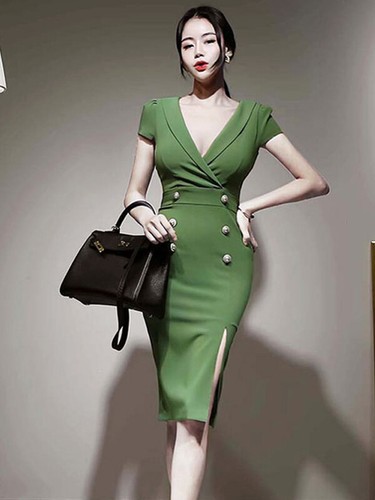 Elegante abito donna vestito morbido tubino verde scollato corto 4919 | eBay