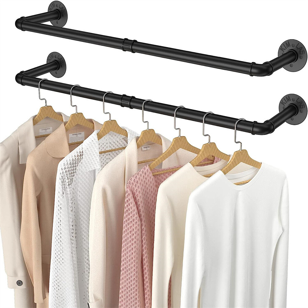 Clothes Rack Industrial Pipe Wall Mounted Garment Rack Space-Saving Hanging Rod-image
