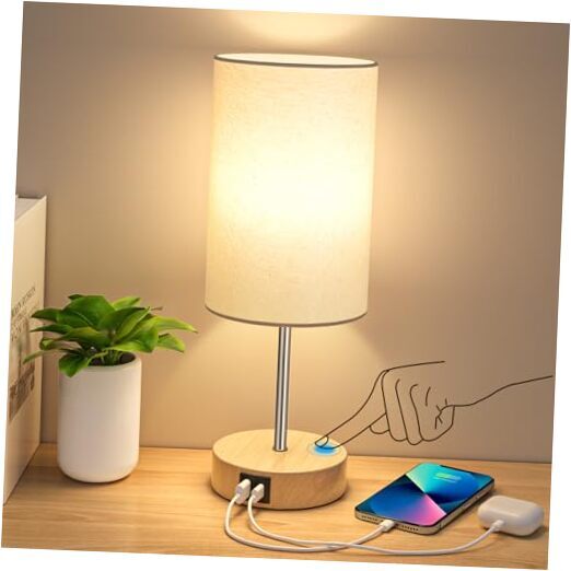 Table Lamp for Bedroom, 3 Way Dimmable Touch 14.25 in Cream Shade-Wood Base