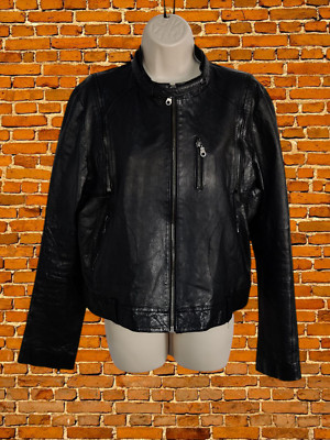 DKNY SCHWARZE JACKE MANTEL LARGE GESCHMEIDIGES LEDER DAMEN REISSVERSCHLUSS DRUCKKNOPFVERSCHLUSS