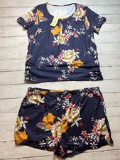 Ekouaer Women's Blue Floral Round Neck Short Sleeve Soft Pajamas Set Size. Large