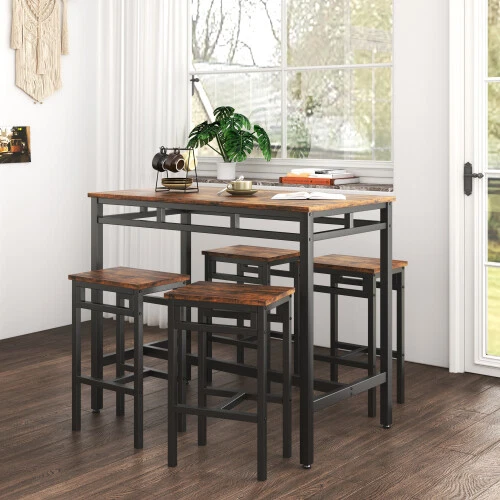 5 Pieces Dining Table Set Industrial 4x High stools Kitchen Restaurant Bar Brown - Image 2 of 4