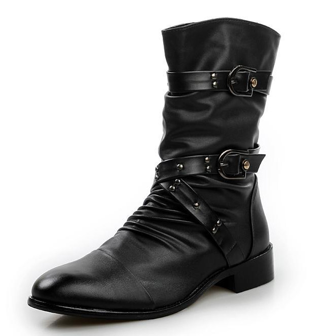 Mens Punk Rivets Mid Calf Boots Pointy Toes Low Heel Buckle Combat Riding Shoes