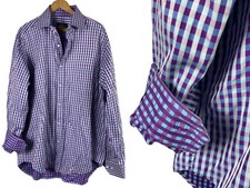 Bugatchi Uomo Shirt Size XL Mens Button Down Purple Blue Gingham Check Flip Cuff