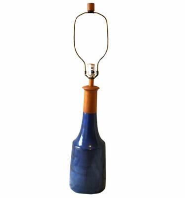 Large Mid Century Modern Martz Marshall Studios Stoneware Teak Table Lamp 1950's