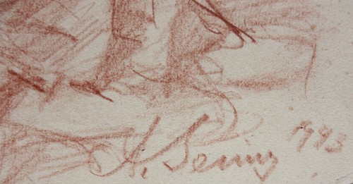 A. Bering, signierte Rötelzeichnung, sitzendes Mädchen mit Puppe, 1993 - Bild 11 von 13