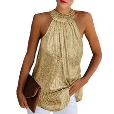 Sexy Damen Ärmellose Bluse Glitzer Riemchen Neckholder Cami Top Abend Party Top