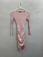 Shein Womens Dress Size XS Pink Ribbed Long Sleeve Bodycon Scrunch Sides