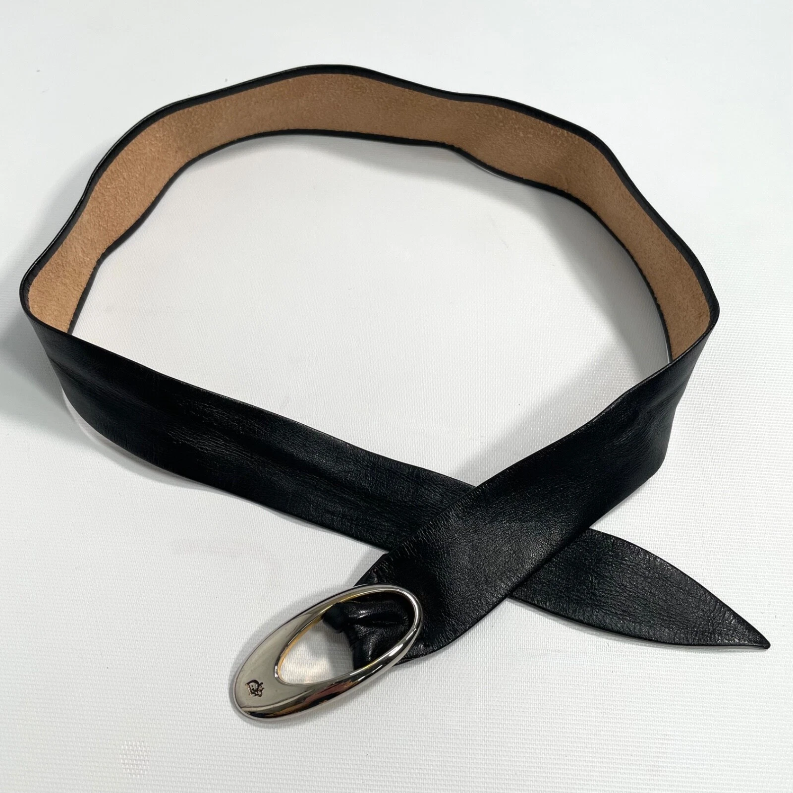 Ceinture vintage Christian Dior boucle ovale cuir véritable luxe noir or, XS/S